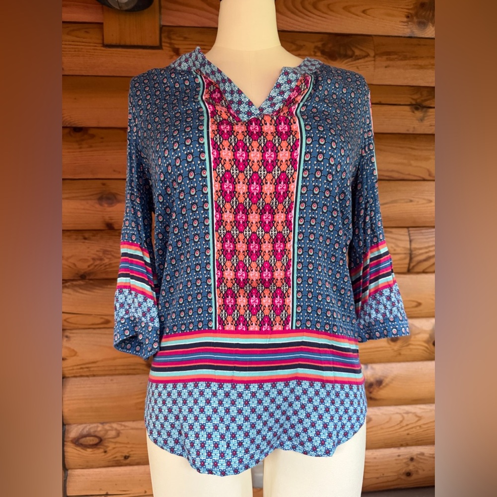 Tribal Blue and Pink Geometric Blouse